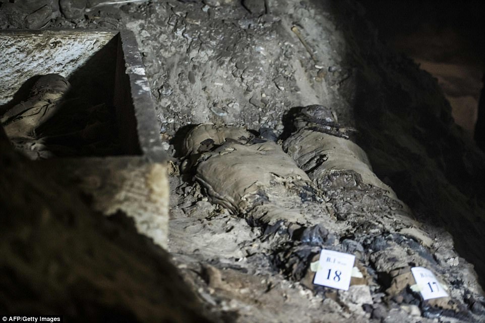 Two partially intact mummies inside the burial site.