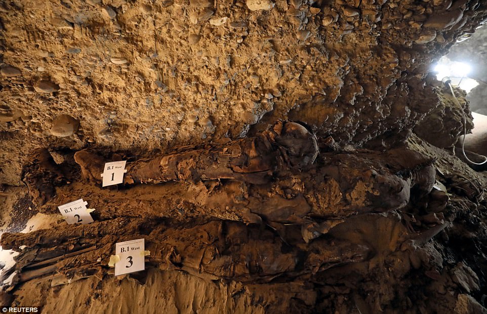 A number of mummies are pictured inside the burial site.