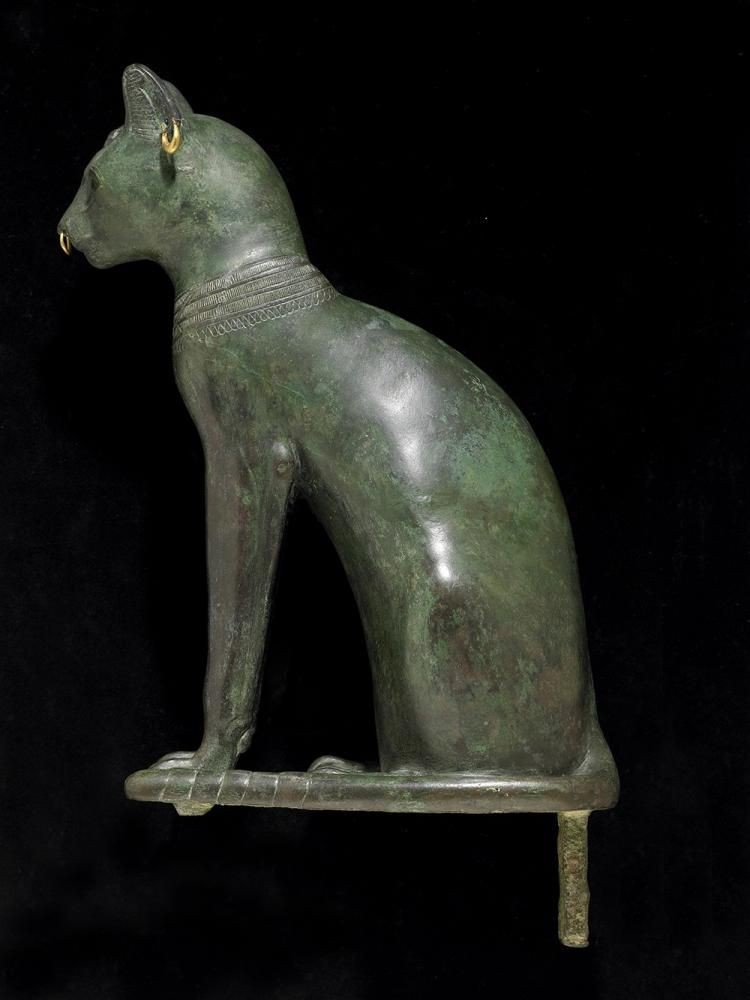 Figure en bronze creuse du chat gayer anderson avec un pectoral en il de wedjat sur la poitrine des boucles d oreilles en or et un anneau de nez 