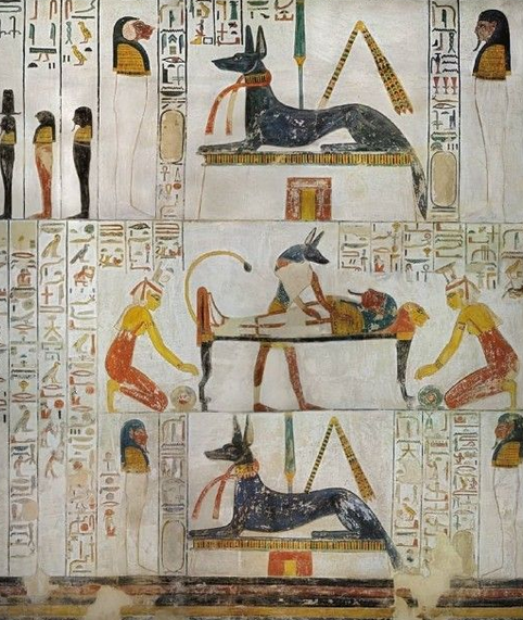 The litany of re with scenes of anubis besides the litanies of re we find the vignette of chapter 151 of the book of the dead it represents the mummification of the dead king under the protection