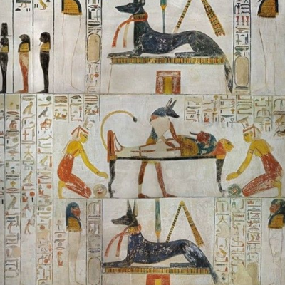 The litany of re with scenes of anubis besides the litanies of re we find the vignette of chapter 151 of the book of the dead it represents the mummification of the dead king under the protection