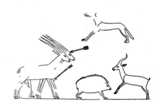 Scène de chasse dans le désert comprenant un hérisson.