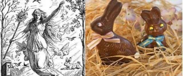 Une illustration de la déesse Eostre accompagnée d'un lapin