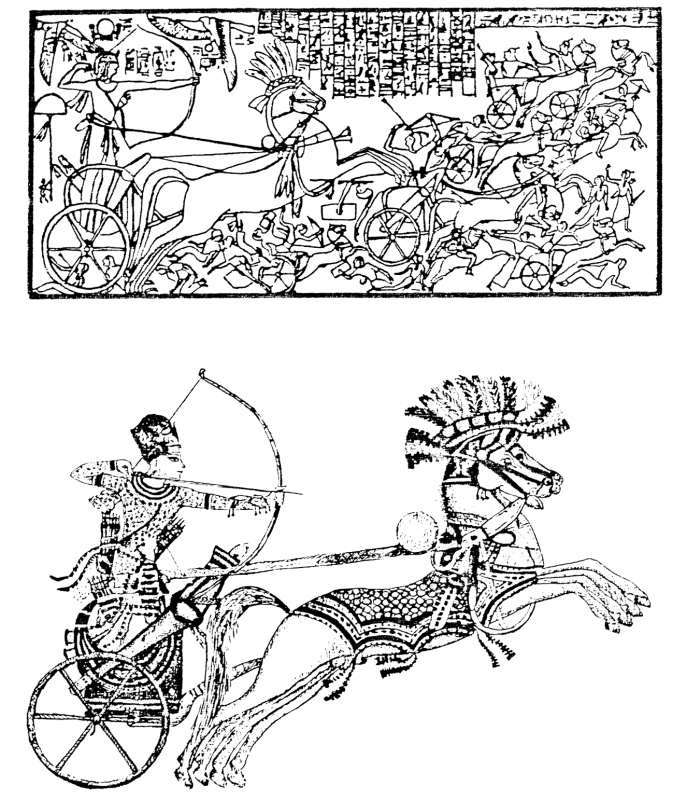 Le pharaon seul sur un char et tirant a l arc les renes sont representees attachees derriere le dos en haut sethi 1er combattant les hittites en bas toutankhammon d apres le coffre