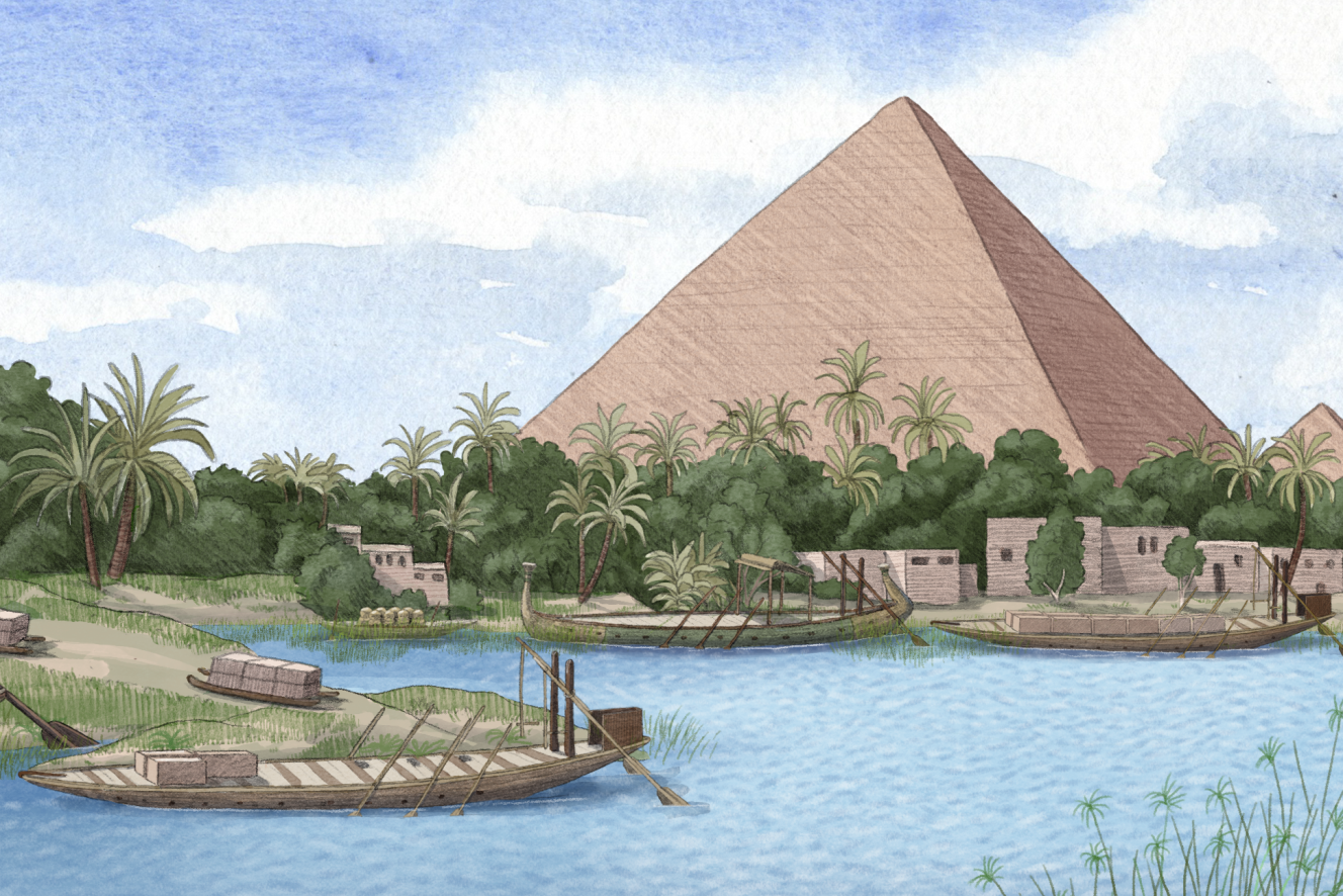 Vue d artiste representant le bras du nil aujourd hui disparu qui baignait les pieds des pyramides de gizeh a l epoque de leur construction alex boersma pnas